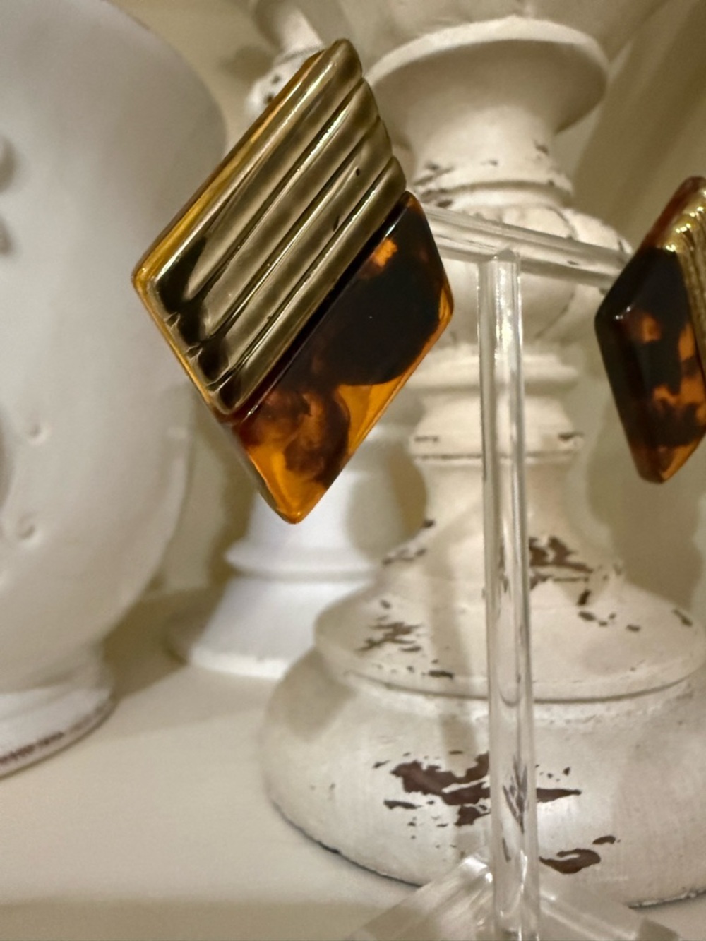Vintage Plastic Tortoise Shell Diamond Shape Earrings with Gold Accents - Picture 5 of 9